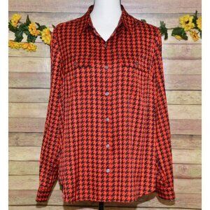 Jones New York Red Black Retro Houndstooth Button Up Blouse Top Size 12 Career